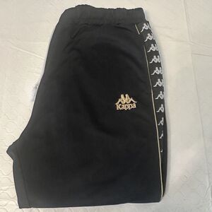 Kappa Black Track Pants Athletic Side Stripe Logo XL Pockets Drawstring Waist